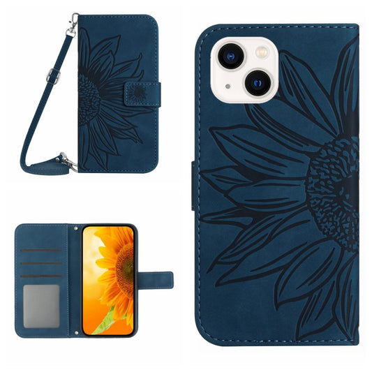 For iPhone 15 Skin Feel Sun Flower Embossed Flip Leather Phone Case with Lanyard(Inky Blue) - iPhone 15 Cases by buy2fix | Online Shopping UK | buy2fix