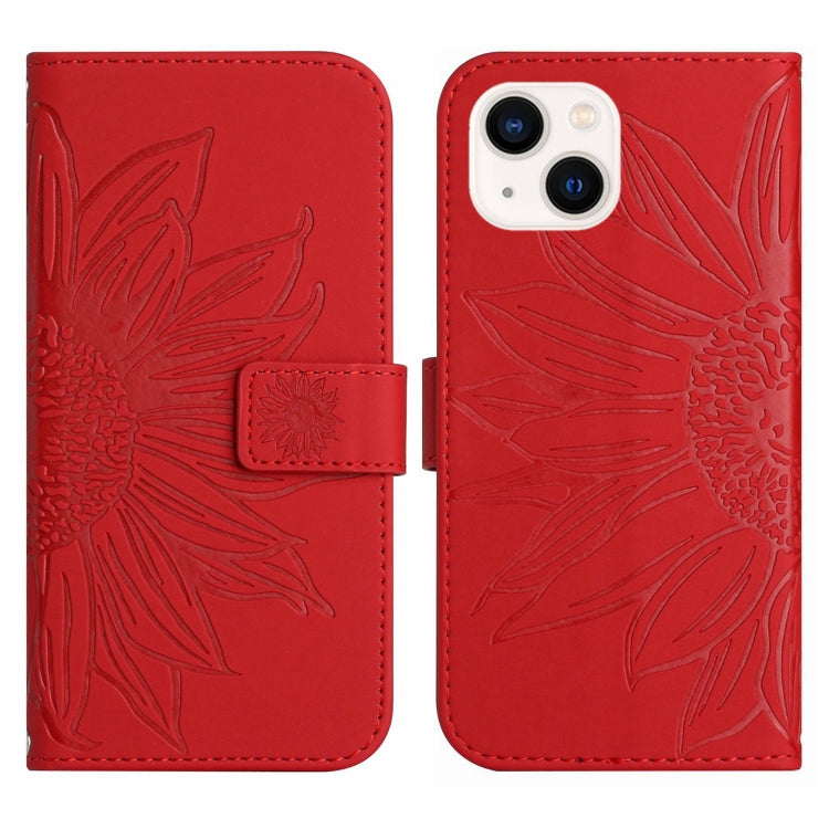 For iPhone 15 Plus Skin Feel Sun Flower Embossed Flip Leather Phone Case with Lanyard(Red) - iPhone 15 Plus Cases by buy2fix | Online Shopping UK | buy2fix