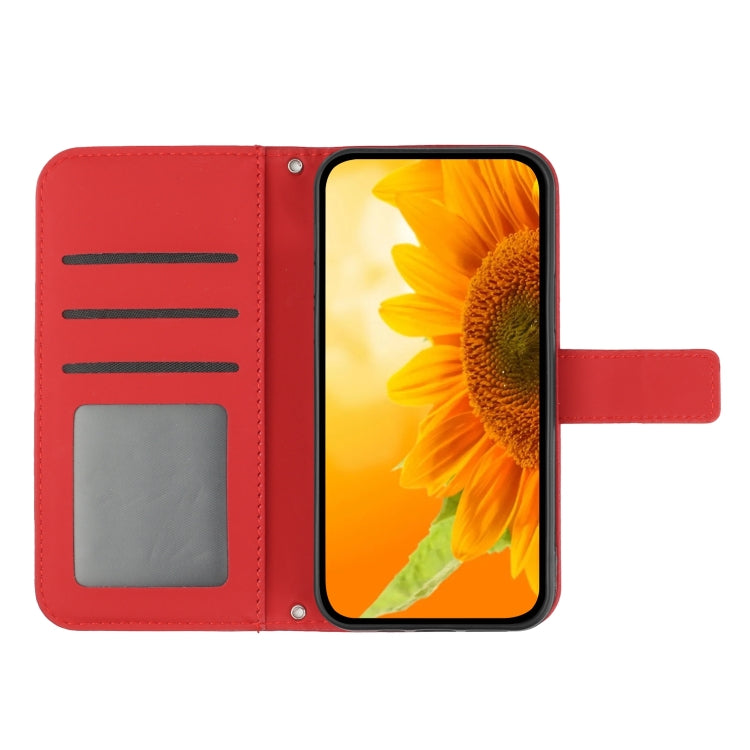 For iPhone 15 Pro Max Skin Feel Sun Flower Embossed Flip Leather Phone Case with Lanyard(Red) - iPhone 15 Pro Max Cases by buy2fix | Online Shopping UK | buy2fix