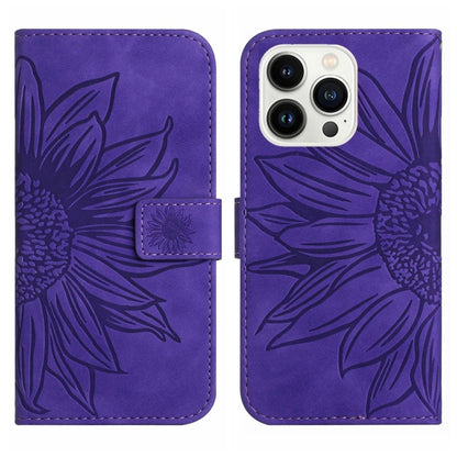 For iPhone 15 Pro Max Skin Feel Sun Flower Embossed Flip Leather Phone Case with Lanyard(Dark Purple) - iPhone 15 Pro Max Cases by buy2fix | Online Shopping UK | buy2fix