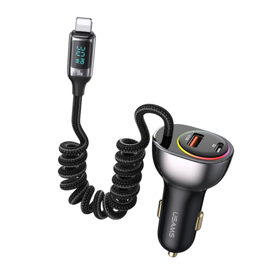 USAMS US-CC193 C37 60W Type-C+USB Dual Port Car Charger with Digital Display 30W 8 Pin Spring Data Cable(Tarnish) - Car Charger by USAMS | Online Shopping UK | buy2fix