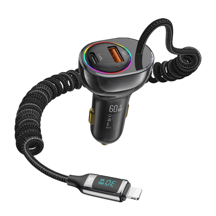 USAMS US-CC193 C37 60W Type-C+USB Dual Port Car Charger with Digital Display 30W 8 Pin Spring Data Cable(Tarnish) - Car Charger by USAMS | Online Shopping UK | buy2fix