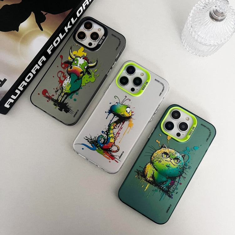 For iPhone 15 Pro Max Double Layer Color Silver Series Animal Oil Painting Phone Case(Green Cat) - iPhone 15 Pro Max Cases by buy2fix | Online Shopping UK | buy2fix