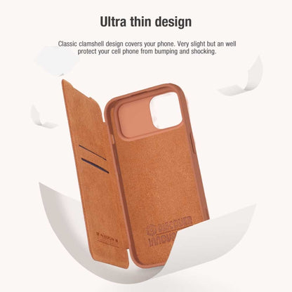 For iPhone 15 NILLKIN QIN Series Pro Sliding Camera Cover Design Leather Phone Case(Brown) - iPhone 15 Cases by NILLKIN | Online Shopping UK | buy2fix