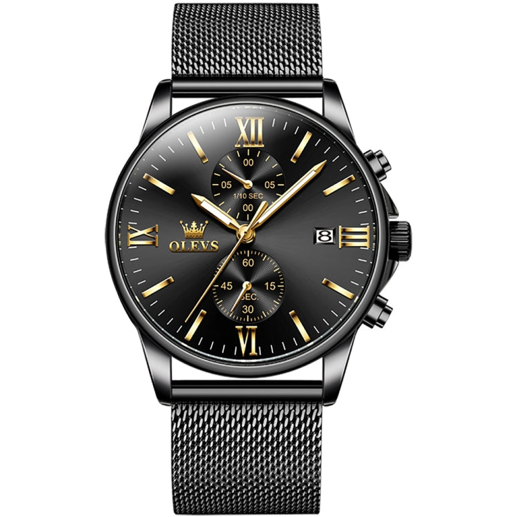 OLEVS 2886 Men Sports Chronograph Waterproof Luminous Quartz Watch(Black Gold Mesh Strip) - Metal Strap Watches by OLEVS | Online Shopping UK | buy2fix