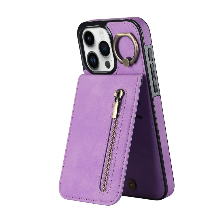 For iPhone 15 Pro Max Retro Ring and Zipper RFID Card Slot Phone Case(Purple) - iPhone 15 Pro Max Cases by buy2fix | Online Shopping UK | buy2fix