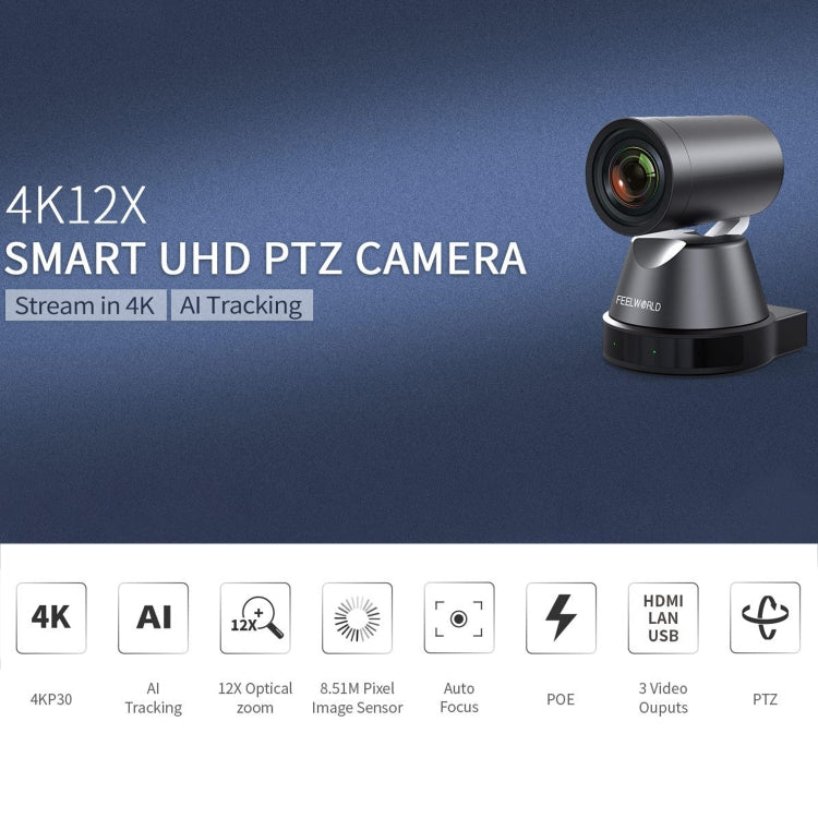 FEELWORLD 4K12X 4K PTZ Camera 12X Optical Zoom AI Tracking HDMI USB IP Remote Control(UK Plug) - HD Camera by FEELWORLD | Online Shopping UK | buy2fix