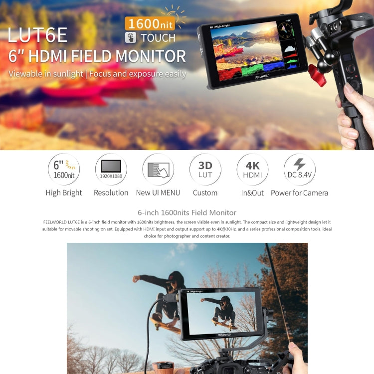 FEELWORLD LUT6E 6 inch 1600nits Touch Screen DSLR Camera Field Monitor Full HD1920x1080 IPS(Black) - On-camera Monitors by FEELWORLD | Online Shopping UK | buy2fix