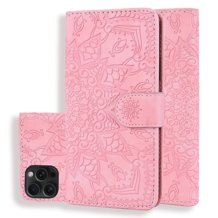 For iPhone 15 Pro Max Mandala Embossed Dual-Fold Calf Leather Phone Case(Pink) - iPhone 15 Pro Max Cases by buy2fix | Online Shopping UK | buy2fix