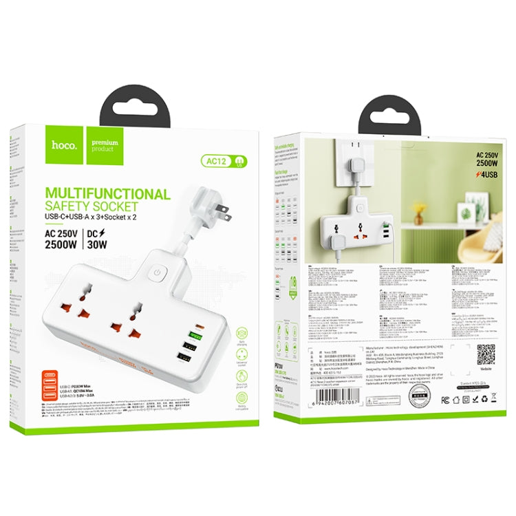 hoco AC12 Reise 2-position Expansion Socket with PD30W+3USB Ports, Cable Length: 8.5cm, US Plug(White) - Extension Socket by hoco | Online Shopping UK | buy2fix