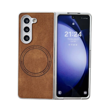 For Samsung Galaxy Z Fold5 Skin Feel Leather Texture MagSafe Pearlescent Paint Shockproof Phone Case(Brown) - Galaxy Z Fold5 Cases by buy2fix | Online Shopping UK | buy2fix