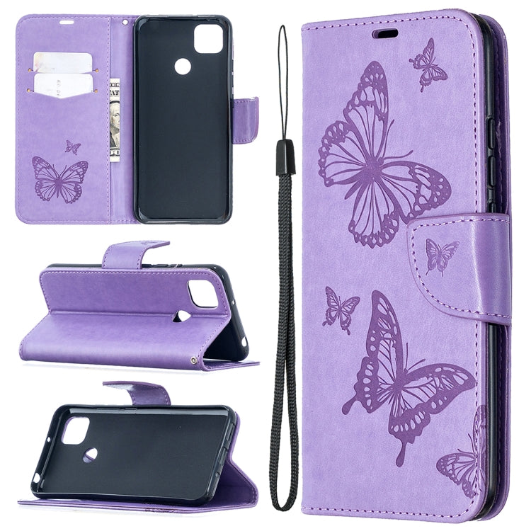 For Xiaomi Redmi 9C Two Butterflies Embossing Pattern Horizontal Flip Leather Case with Holder & Card Slot & Wallet & Lanyard(Purple) - Xiaomi Cases by buy2fix | Online Shopping UK | buy2fix