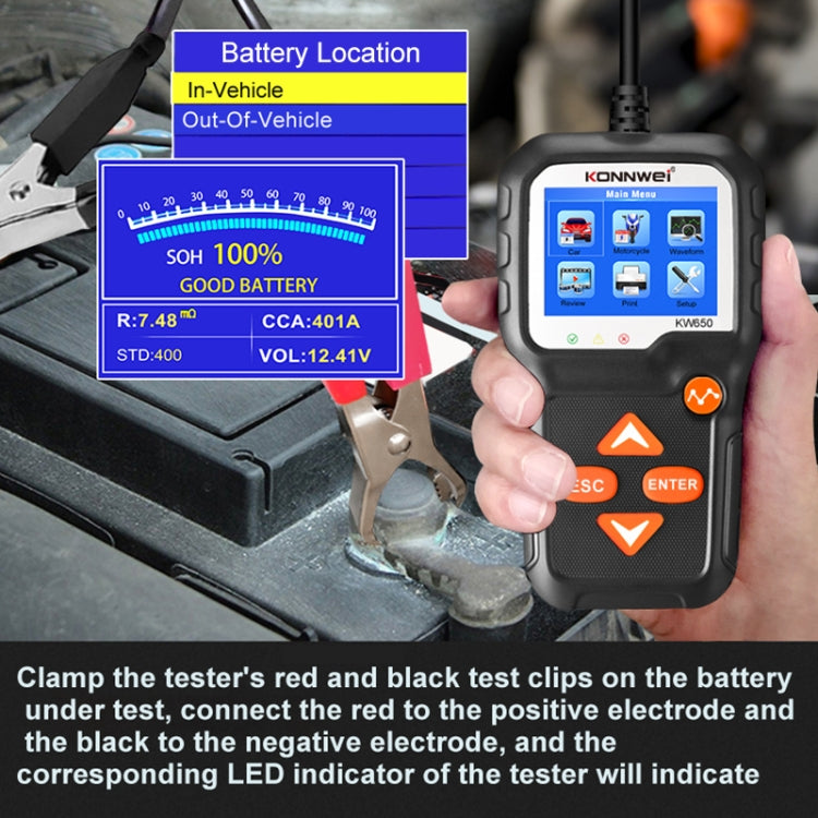 KONNWEI KW650 6V- 12V Car Motorcycle Battery Lawn Mower Detector with 2.4 inch Color Display & Waveform Graph - In Car by KONNWEI | Online Shopping UK | buy2fix