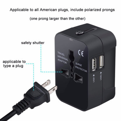 Portable Multi-function Dual USB Ports Global Universal Travel Wall Charger Power Socket, For iPad , iPhone, Galaxy, Huawei, Xiaomi, LG, HTC and Other Smart Phones, Rechargeable Devices(Black) - Plug Adaptor by buy2fix | Online Shopping UK | buy2fix