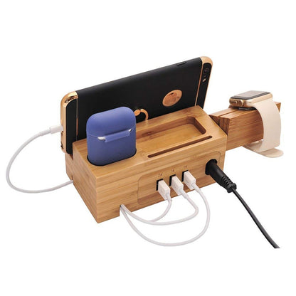 Multi-function Bamboo Charging Station Charger Stand Management Base with 3 USB Ports, EU Plug - Multifunction Charger by buy2fix | Online Shopping UK | buy2fix