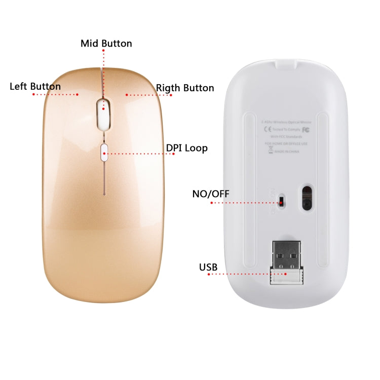 HXSJ M80 2.4GHz Wireless 1600DPI Three-speed Adjustable Optical Mute Mouse (Gold) - Computer & Networking by HXSJ | Online Shopping UK | buy2fix