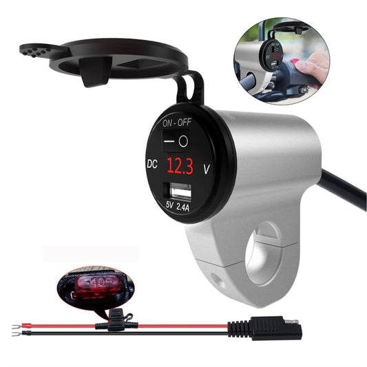 ZH-975A1 Motorcycle Aluminum Alloy Waterproof Mobile Phone Single USB Charger with Red Voltmeter(Silver) - In Car by buy2fix | Online Shopping UK | buy2fix