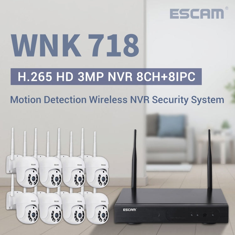 ESCAM WNK718 HD 3.0 Million Pixels 8-channel Wireless + 8IPC Wireless NVR Security System, AU Plug - Security by ESCAM | Online Shopping UK | buy2fix