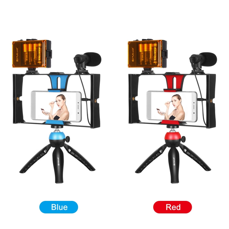 PULUZ 4 in 1 Vlogging Live Broadcast LED Selfie Light Smartphone Video Rig Kits with Microphone + Tripod Mount + Cold Shoe Tripod Head for iPhone, Galaxy, Huawei, Xiaomi, HTC, LG, Google, and Other Smartphones(Red) - Camera Cage by PULUZ | Online Shopping UK | buy2fix