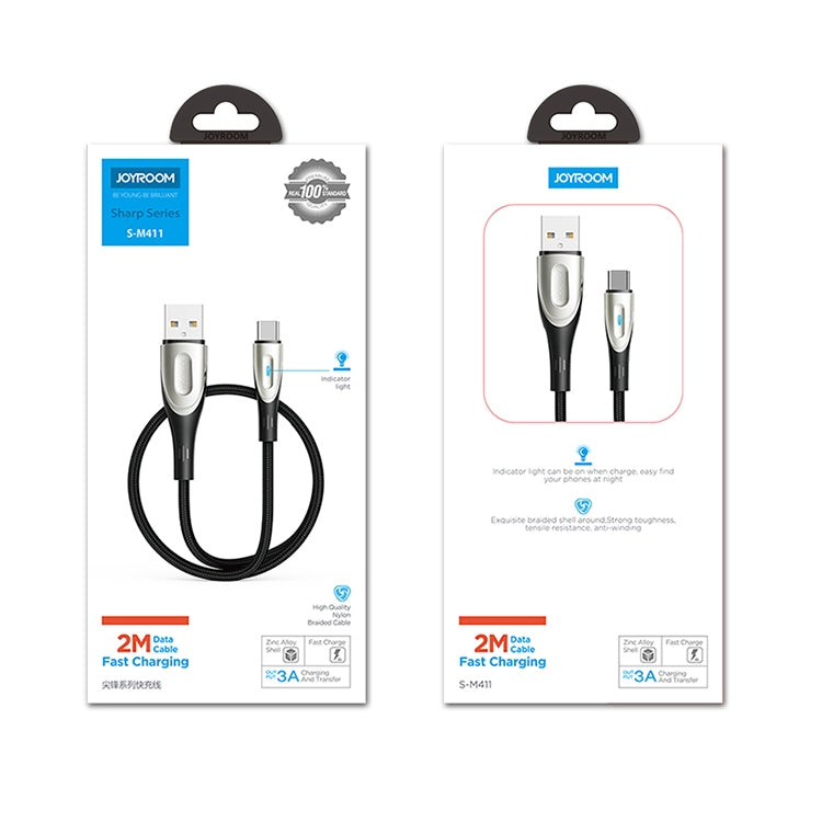 JOYROOM S-M411 Sharp Series 3A USB-C / Type-C Interface Charging + Transmission Nylon Braided Data Cable with Drop-shaped Indicator Light, Cable Length: 2m (Black) - USB-C & Type-C Cable by JOYROOM | Online Shopping UK | buy2fix