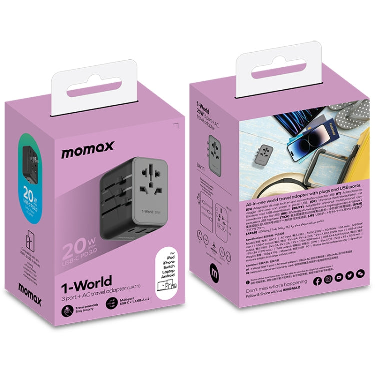 MOMAX UA11 1-World 20W PD Global Travel Fast Charger Power Adapter(Black) - International Plug Adaptor by MOMAX | Online Shopping UK | buy2fix