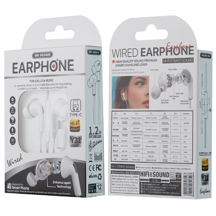 WK Y31 Type-C Interface In-Ear HIFI Stereo Wired Earphone - Type-C Earphone by WK | Online Shopping UK | buy2fix