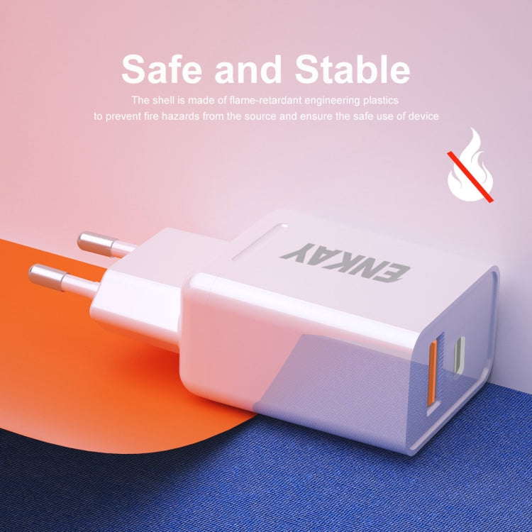 ENKAY Hat-Prince T030 18W 3A PD + QC3.0 Dual USB Fast Charging Power Adapter EU Plug Portable Travel Charger With 1m 3A Type-C Cable - USB Charger by ENKAY | Online Shopping UK | buy2fix