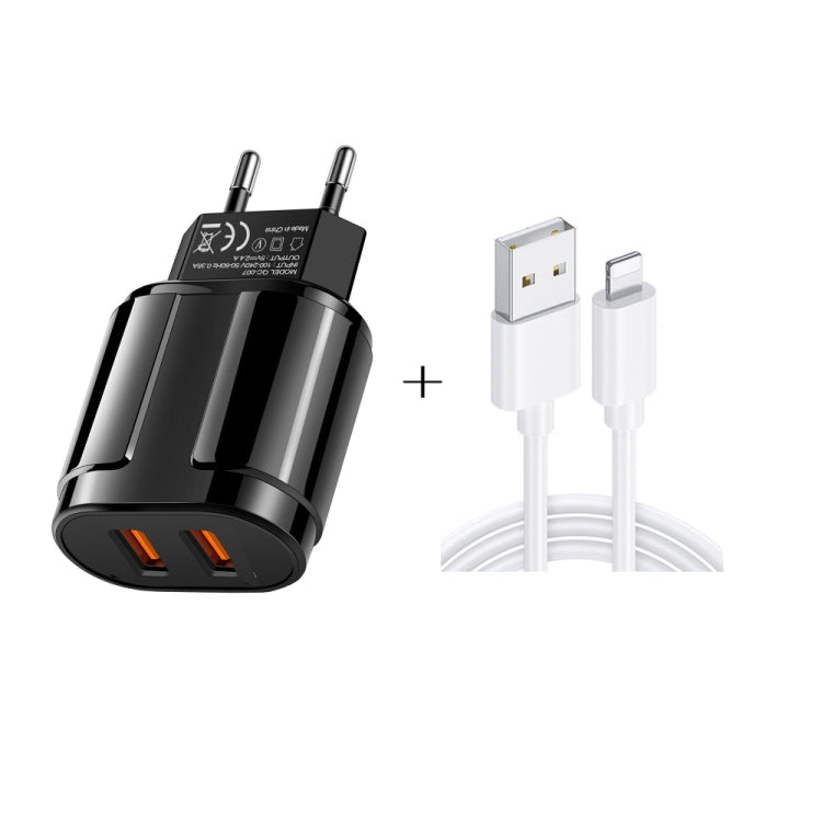 Dual USB Portable Travel Charger + 1 Meter USB to 8 Pin Data Cable, EU Plug(Black) - Apple Accessories by buy2fix | Online Shopping UK | buy2fix