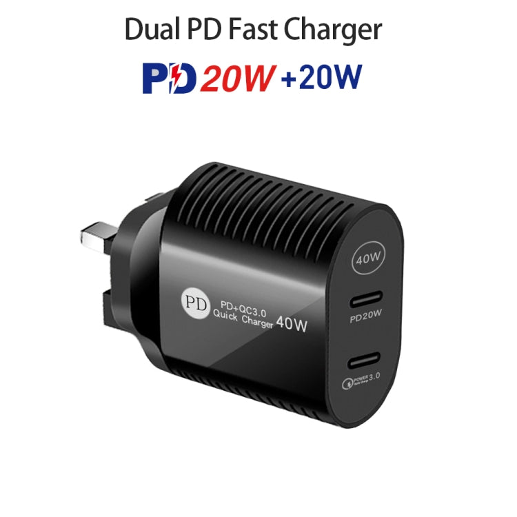 40W Dual Port PD / Type-C Fast Charger for iPhone / iPad Series, UK Plug(Black) - USB Charger by buy2fix | Online Shopping UK | buy2fix