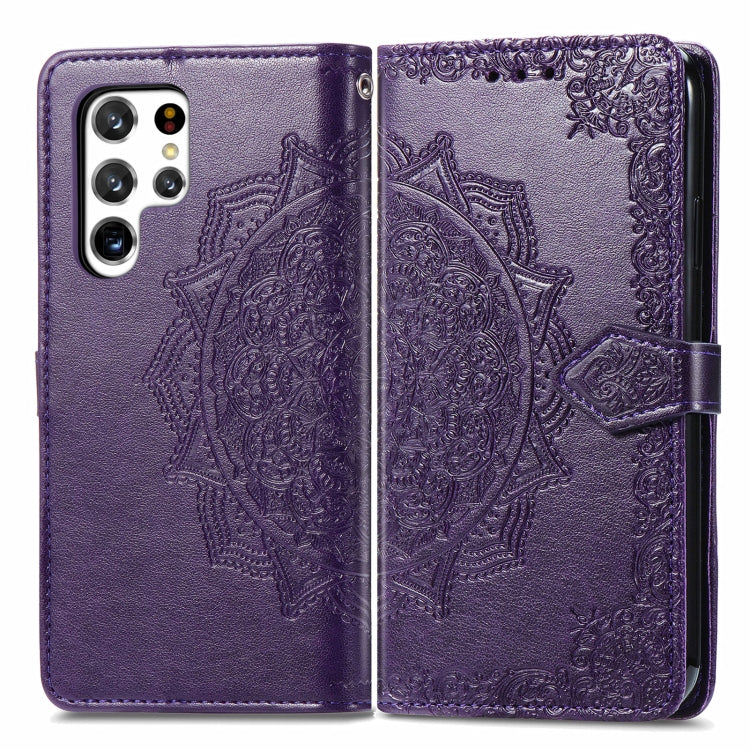 For Samsung Galaxy S22 Ultra 5G Mandala Flower Embossed Horizontal Flip Leather Case with Holder & Card Slots & Wallet & Lanyard(Purple) - Samsung Accessories by buy2fix | Online Shopping UK | buy2fix