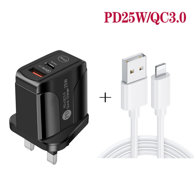 PD25W USB-C / Type-C + QC3.0 USB Dual Ports Fast Charger with USB to 8 Pin Data Cable, UK Plug(Black) - Apple Accessories by buy2fix | Online Shopping UK | buy2fix