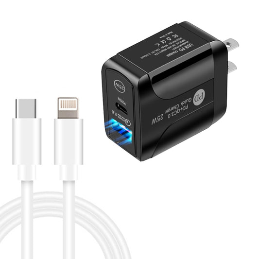 PD25W USB-C / Type-C + QC3.0 USB Dual Ports Fast Charger with USB-C to 8 Pin Data Cable, US Plug(Black) - Apple Accessories by buy2fix | Online Shopping UK | buy2fix