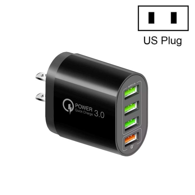 QC-04 QC3.0 + 3 x USB 2.0 Multi-ports Charger for Mobile Phone Tablet, US Plug(Black) - Mobile Accessories by buy2fix | Online Shopping UK | buy2fix