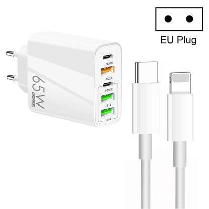 65W Dual PD Type-C + 3 x USB Multi Port Charger with 3A Type-C to 8 Pin Data Cable, EU Plug(White) - USB Charger by buy2fix | Online Shopping UK | buy2fix