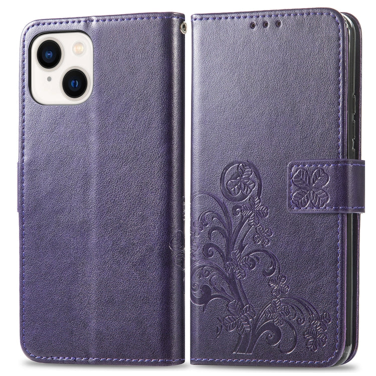 For iPhone 15 Four-leaf Clasp Embossed Buckle Leather Phone Case(Purple) - iPhone 15 Cases by buy2fix | Online Shopping UK | buy2fix