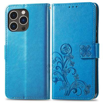 For iPhone 15 Pro Max Four-leaf Clasp Embossed Buckle Leather Phone Case(Blue) - iPhone 15 Pro Max Cases by buy2fix | Online Shopping UK | buy2fix