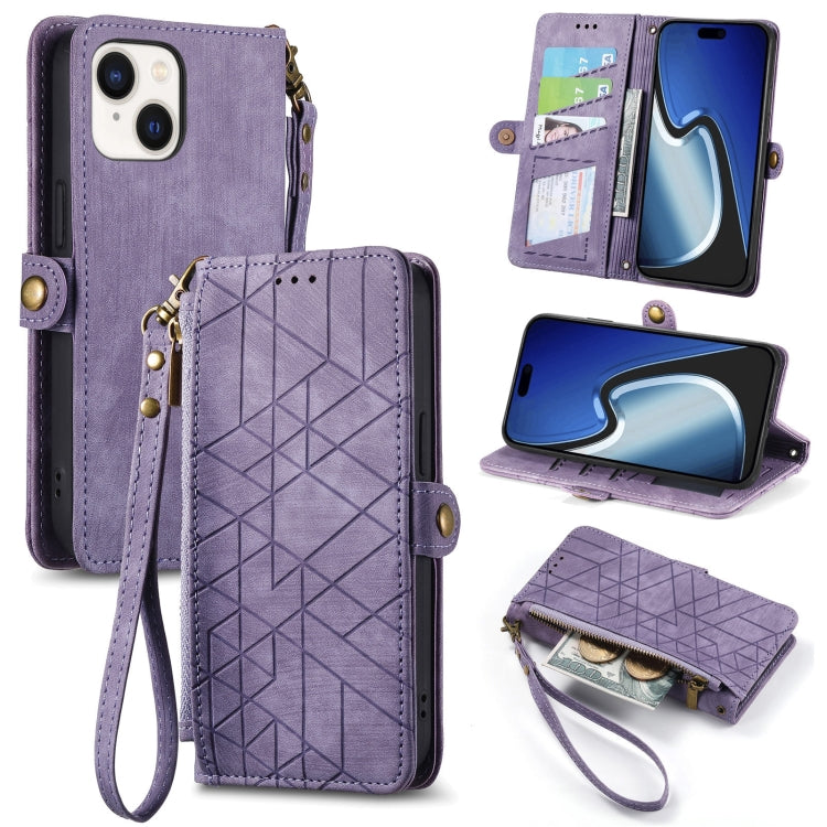For iPhone 15 Plus Geometric Zipper Wallet Side Buckle Leather Phone Case(Purple) - iPhone 15 Plus Cases by buy2fix | Online Shopping UK | buy2fix