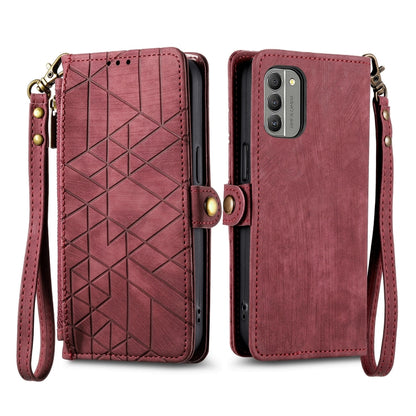 For Nokia C32 Geometric Zipper Wallet Side Buckle Leather Phone Case(Red) - Nokia Cases by buy2fix | Online Shopping UK | buy2fix