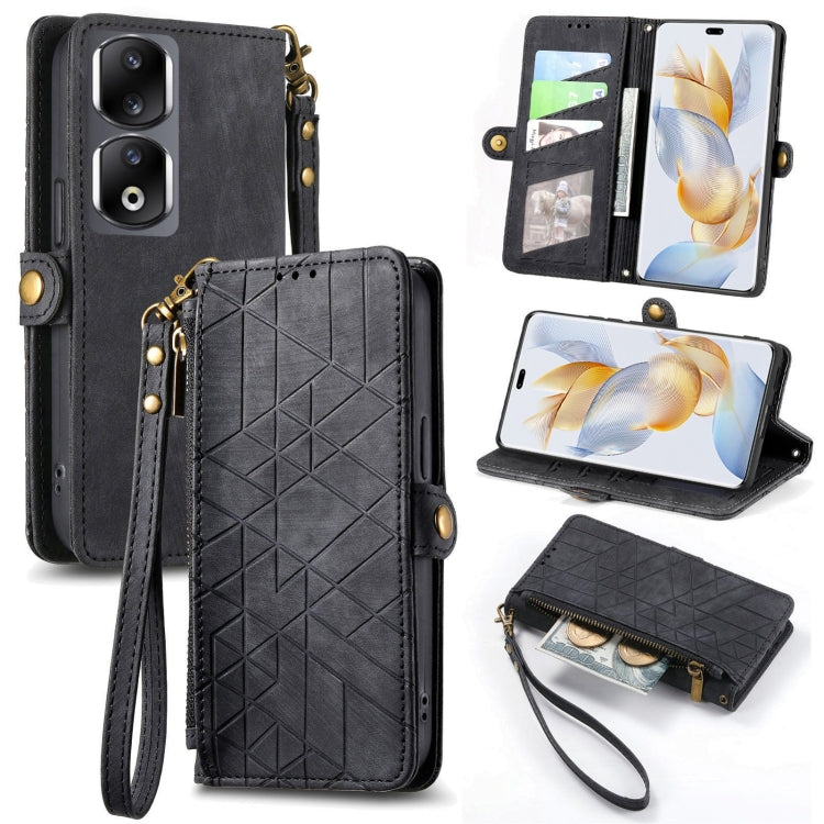 For Honor 90 Pro Geometric Zipper Wallet Side Buckle Leather Phone Case(Black) - Honor Cases by buy2fix | Online Shopping UK | buy2fix