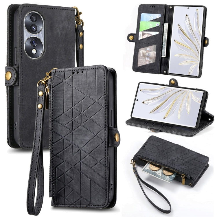For Honor 70 Pro Geometric Zipper Wallet Side Buckle Leather Phone Case(Black) - Honor Cases by buy2fix | Online Shopping UK | buy2fix