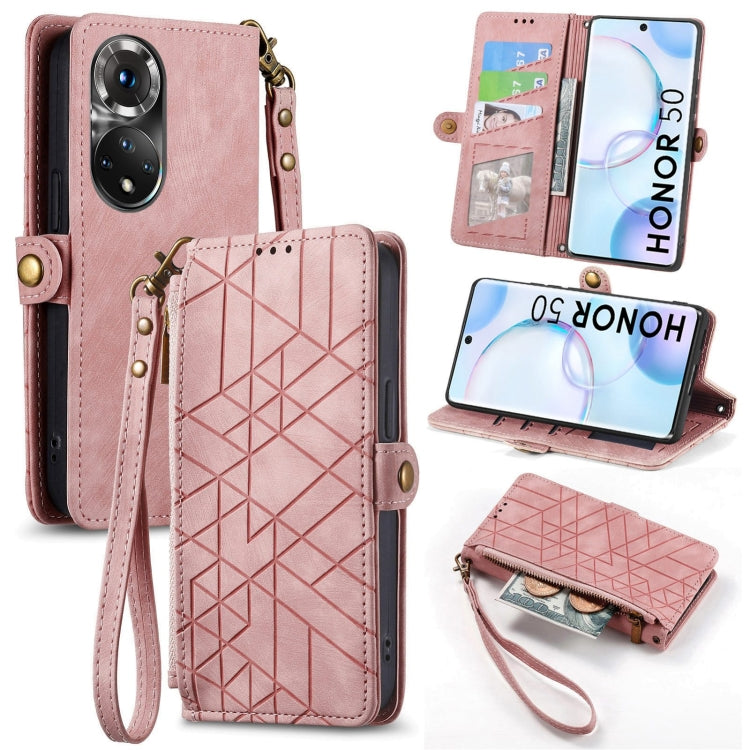 For Honor 50 Geometric Zipper Wallet Side Buckle Leather Phone Case(Pink) - Honor Cases by buy2fix | Online Shopping UK | buy2fix