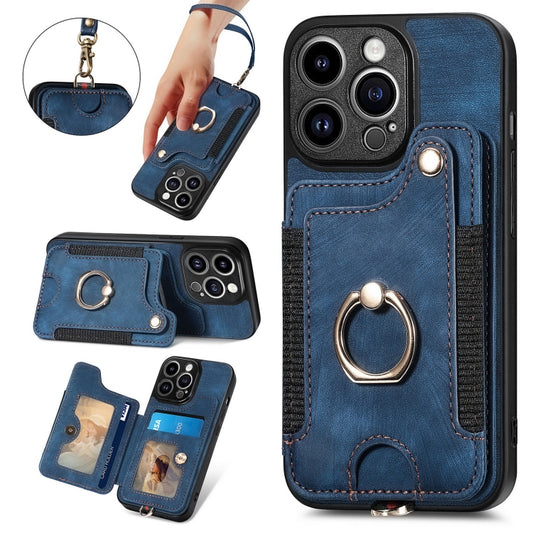 For iPhone 15 Pro Max Retro Skin-feel Ring Multi-card Wallet Phone Case(Blue) - iPhone 15 Pro Max Cases by buy2fix | Online Shopping UK | buy2fix