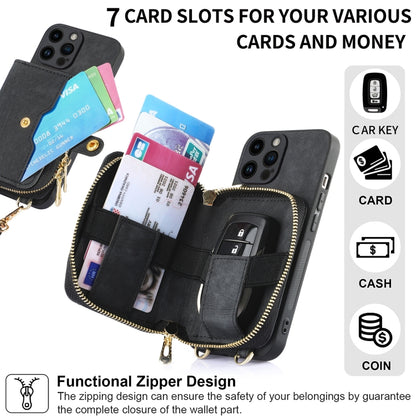 For iPhone 15 Pro Max Crossbody Multi-function Zipper Wallet Phone Case(Black) - iPhone 15 Pro Max Cases by buy2fix | Online Shopping UK | buy2fix