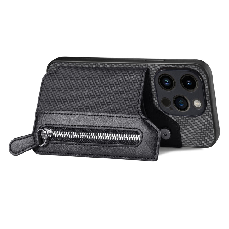 For iPhone 15 Pro Max Carbon Fiber Horizontal Flip Zipper Wallet Phone Case(Black) - iPhone 15 Pro Max Cases by buy2fix | Online Shopping UK | buy2fix