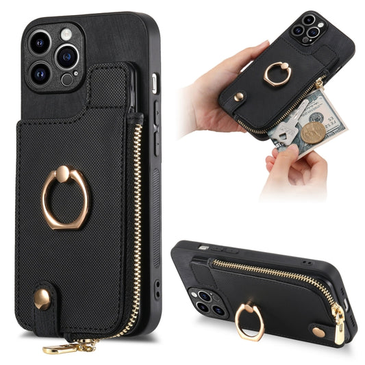 For iPhone 15 Pro Max Cross Leather Ring Vertical Zipper Wallet Back Phone Case(Black) - iPhone 15 Pro Max Cases by buy2fix | Online Shopping UK | buy2fix