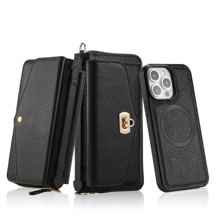 For iPhone 15 Plus MagSafe Crossbody Multi-functional Zipper Wallet Litchi Leather Phone Case(Black) - iPhone 15 Plus Cases by buy2fix | Online Shopping UK | buy2fix