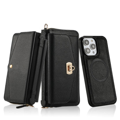 For iPhone 14 MagSafe Crossbody Multi-functional Zipper Wallet Litchi Leather Phone Case(Black) - iPhone 14 Cases by buy2fix | Online Shopping UK | buy2fix