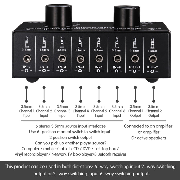 B027 6 input 2 output or 2 input 6 output audio signal source selection switcher 3.5mm interface - Consumer Electronics by buy2fix | Online Shopping UK | buy2fix