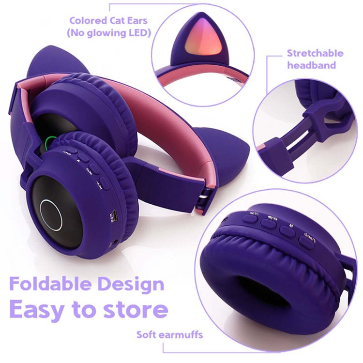 BT028C Cute Cat Ear Bluetooth 5.0 Headphones Foldable On-Ear Stereo Wireless Headset Headphone with Mic / LED Light / FM Radio / TF Card(Purple) - Headset & Headphone by buy2fix | Online Shopping UK | buy2fix