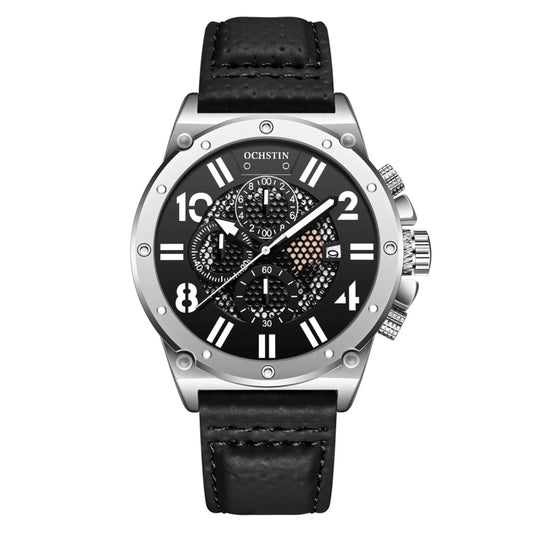 Ochstin 6122 Multi Function Quartz Watch Sports Luminous Waterproof Watch Calendar Leather Men Watch(Silver Black) - Leather Strap Watches by OCHSTIN | Online Shopping UK | buy2fix